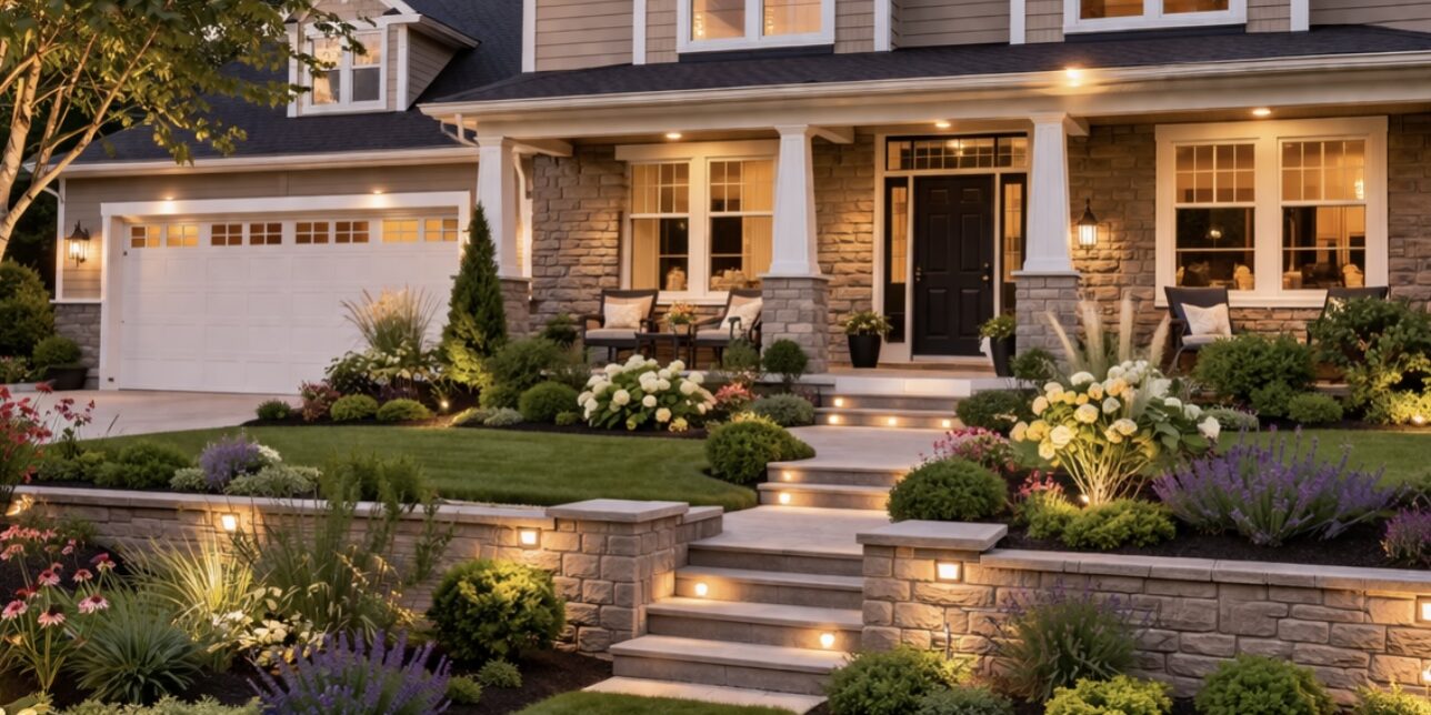 Screenshot A large, two-story house with warm lights, stone and siding exterior, manicured lawn, colorful flower beds, shrubs, and stone steps leading to a covered porch with chairs, all surrounded by lush landscaping at dusk.